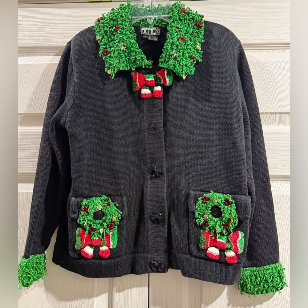 BEREK Christmas Beaded Tree Sweater Cardigan Black w/ Fringe Cuffs/Collar Size S